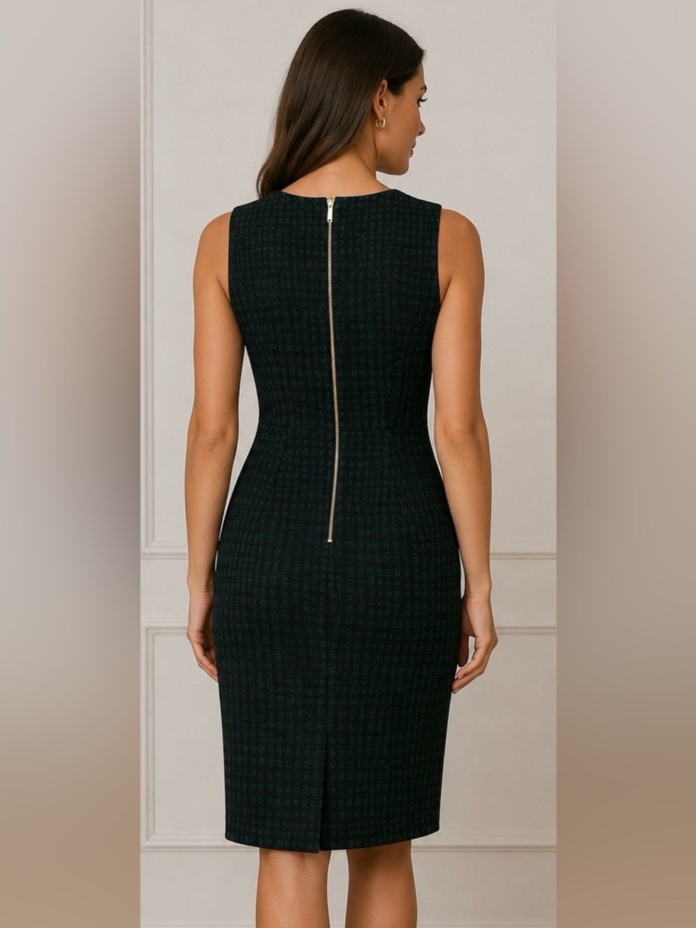 Calvin Klein Green Black Jacquard Sheath Dress Sleeveless Career Size 4 - Picture 3 of 7